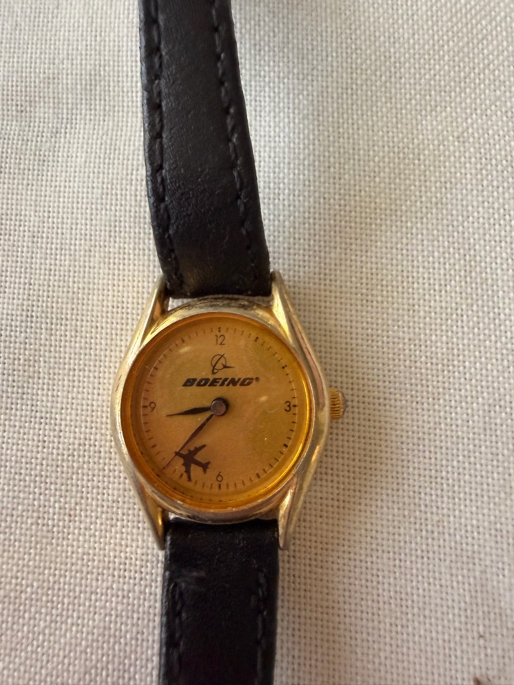 Boeing Gold-Tone Dial Women's Watch with Black Leather Strap